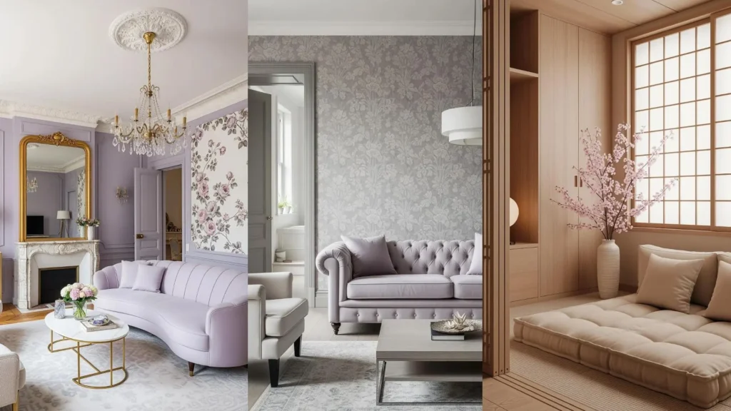 Tre salotti in toni pastello con divani soffici, carta da parati floreale e dettagli delicati, perfetti per un ambiente accogliente.