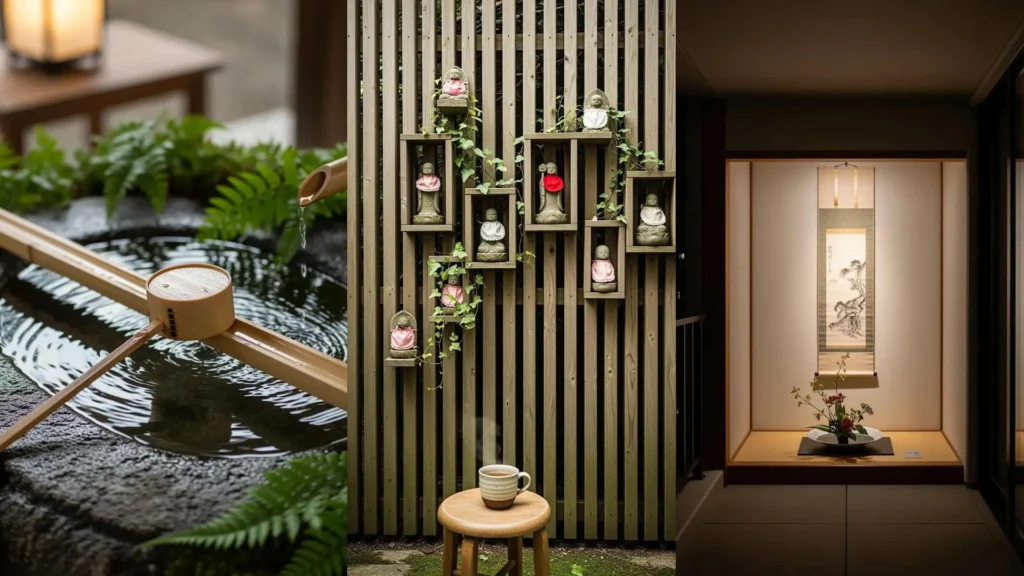Angolo giapponese su balcone con fontana zen di bambù, statuette, piante e luci soffuse per un'atmosfera rilassante.
