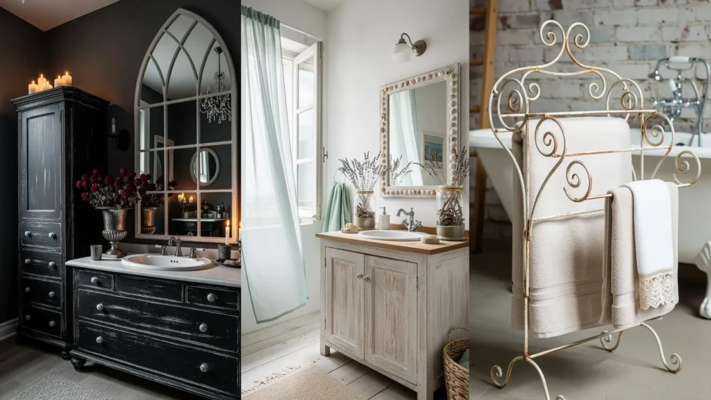 Atmosfere shabby con mobili decapati bianchi e neri, specchi vintage e fiori secchi di lavanda, per un soggiorno accogliente.