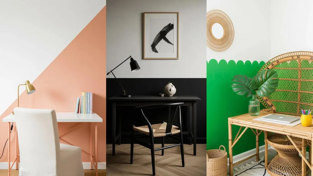 Composizioni creative con scrivanie coordinate e mezze pareti dipinte in diverse tonalità e design, per uno spazio di lavoro ispirato.