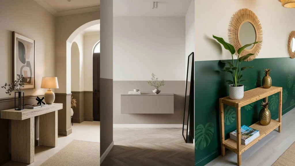 Ingressi moderni con mezze pareti dipinte a metà altezza in vari colori e consolle coordinate, creando un'atmosfera elegante.