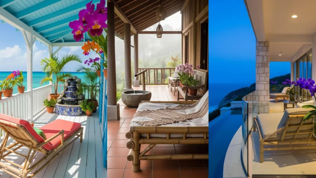 Portici tropicali con orchidee rare, cascate finte e lettini in bambù per un'accoglienza esotica, vista mare.