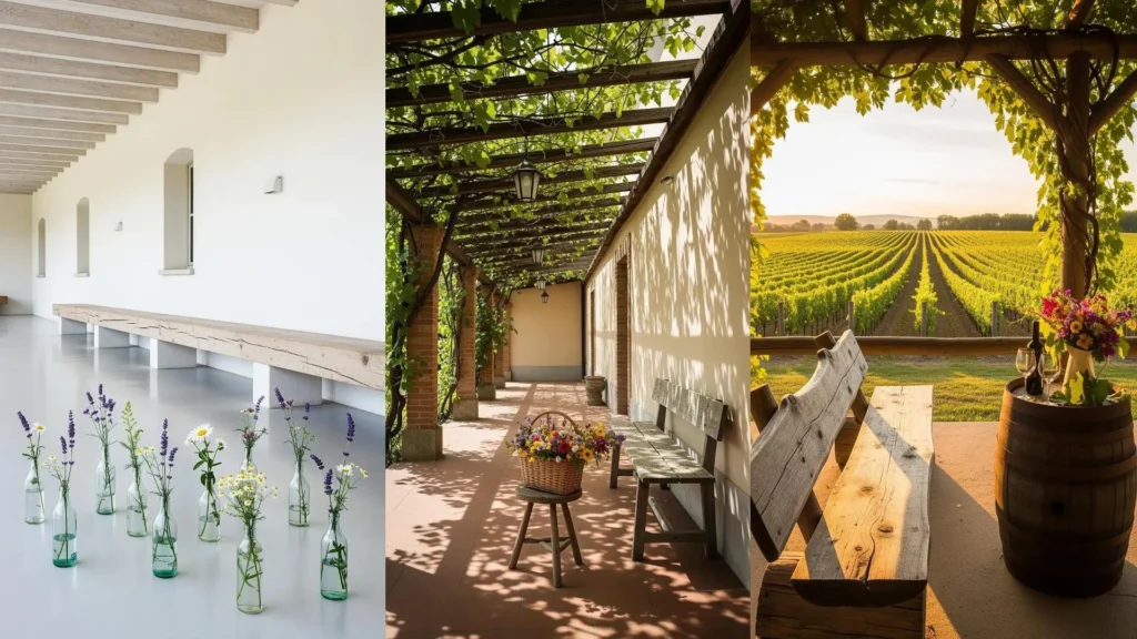 Portico rustico con travi a vista, panche grezze e bouquet di fiori di campo. Evoca la serenità della campagna.