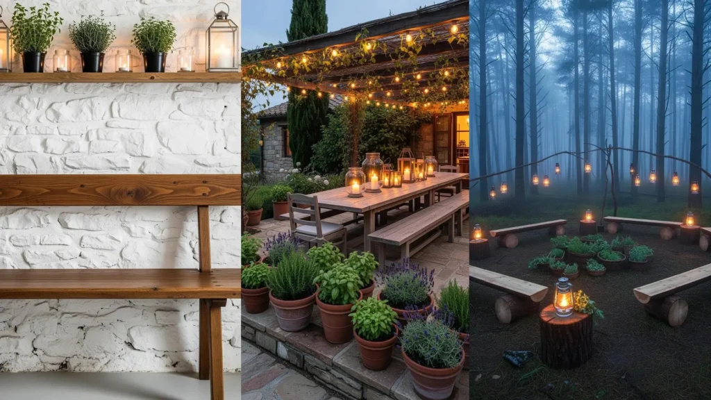 Serata rustica con panche in legno, lanterne decorative e orti aromatici, ideale per ritrovi conviviali all'aperto.
