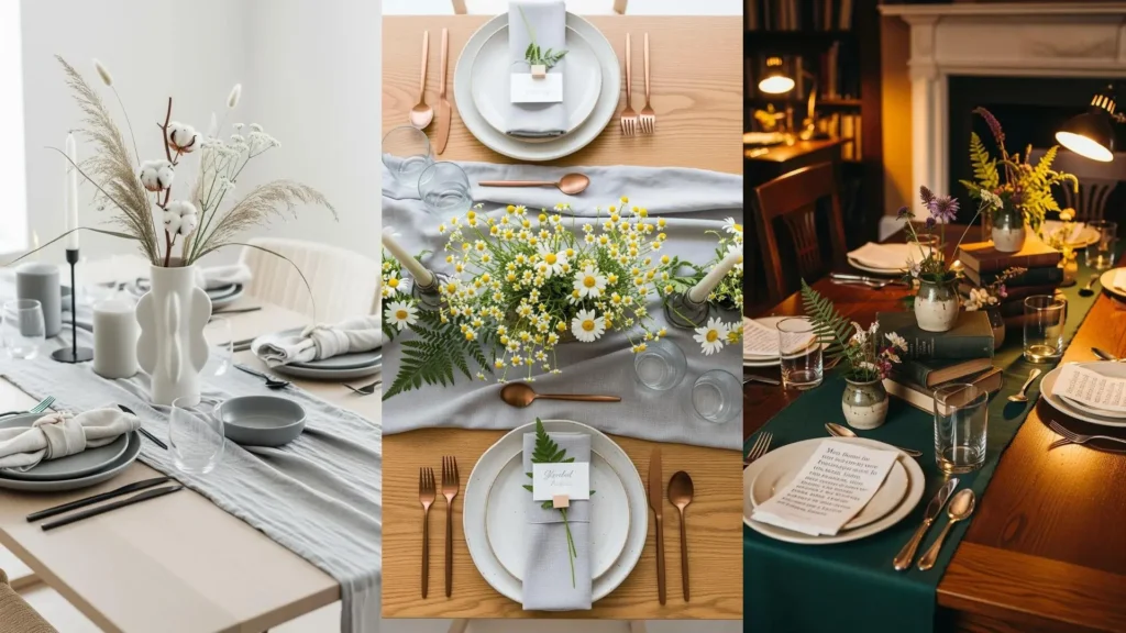 Splendide tavole nuziali boho-chic con runner in lino grezzo, vasi di ceramica artigianale e delicati fiori di campo.