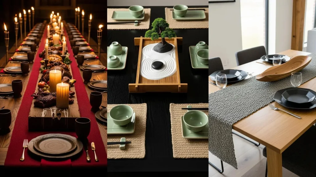 Tre tavole rustiche adornate con runner in juta, piatti in ceramica e eleganti centrotavola in legno.