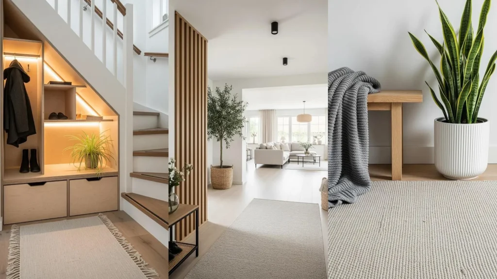 Accogliente foyer scandinavo con pareti bianche, dettagli in legno chiaro, piante verdi lussureggianti e un tappeto in lino.