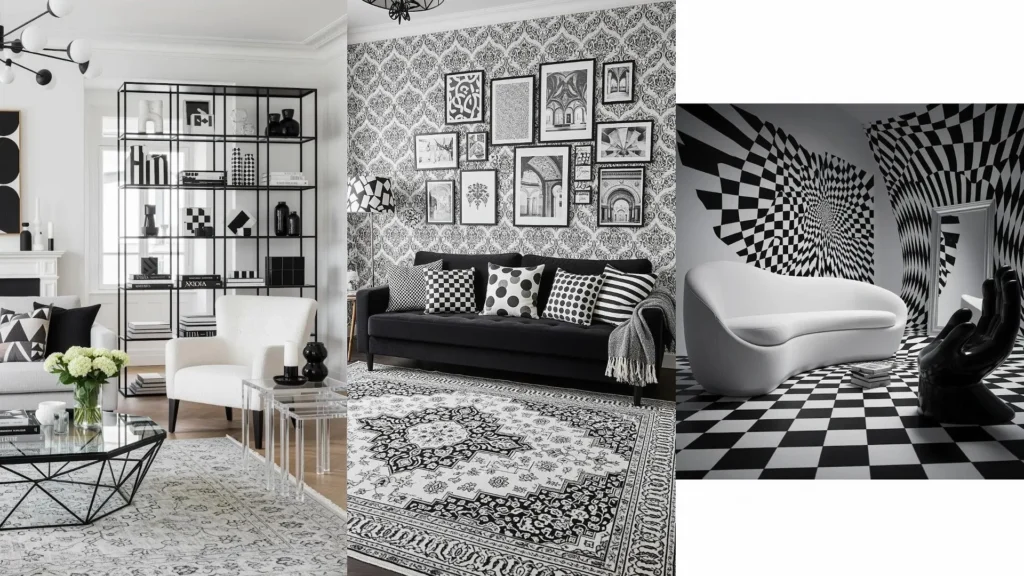 Salotti monocromatici in bianco e nero con mobili moderni, cuscini, tappeti e pareti dai dettagli geometrici. Idee d'arredo uniche.