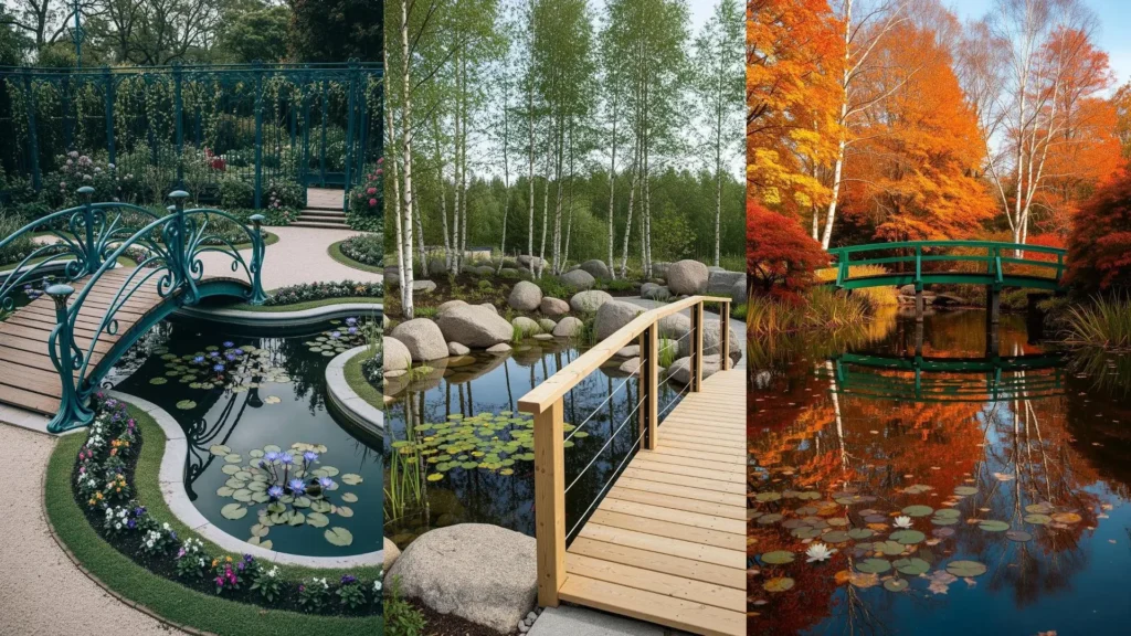 Panoramica di tre laghetti da sogno con ninfee e romantici ponticelli in legno dipinti, perfetti per giardini incantati.