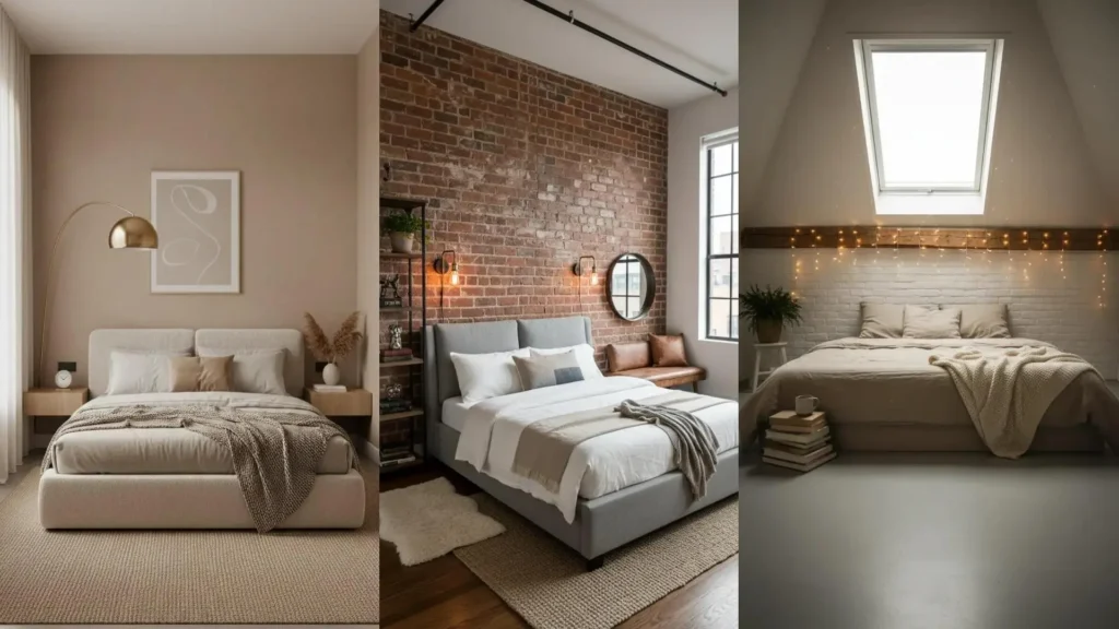 Collage di tre stanze piccole trasformate in rifugi accoglienti: una moderna, una industrial e una romantica mansarda.
