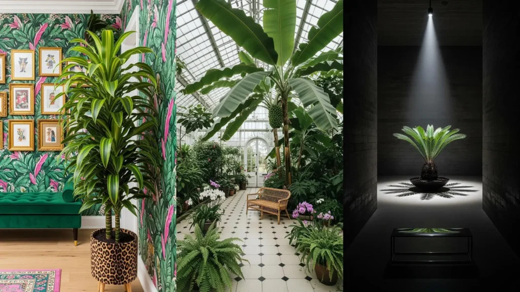 Varie piante da interno giganti trasformano gli ingressi in giungle lussureggianti, con una pianta protagonista ben illuminata.