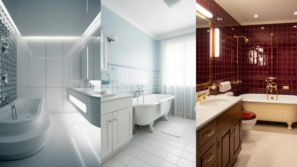 Tre bagni con piastrelle colorate e vasche retrò, in stile revival anni '70, perfetti per l'arredamento.