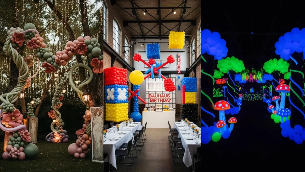 Decorazioni creative per feste d'artista con palloncini modellabili, luci magiche e un'atmosfera da spettacolo di strada vibrante.