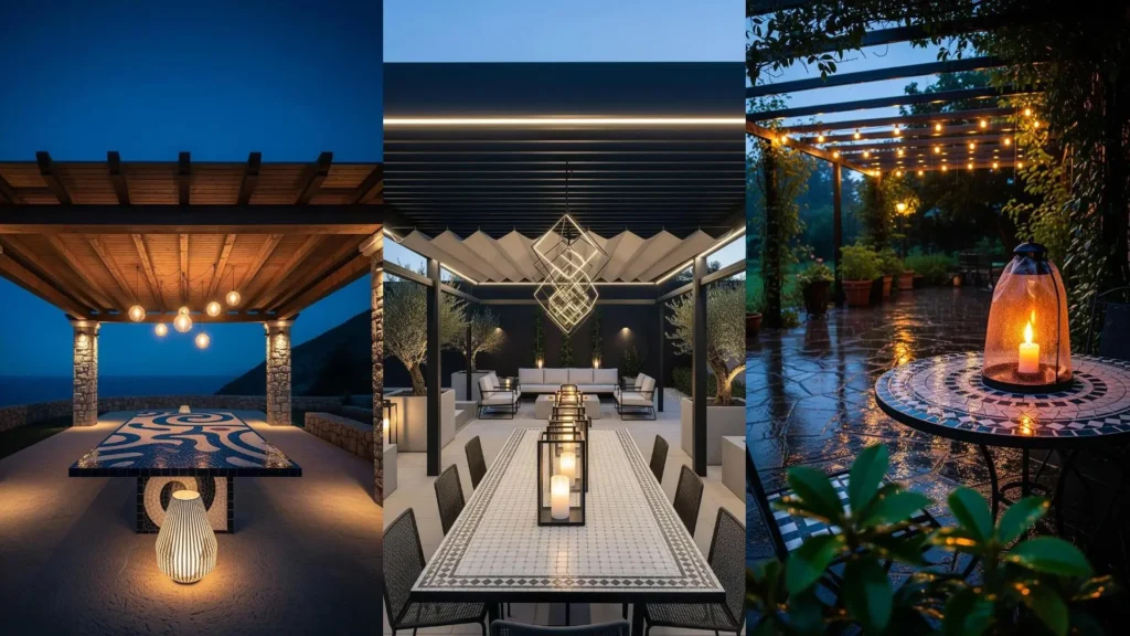 Giardini mediterranei illuminati con pergolati, lucine, tavoli in mosaico e lanterne, creando un'atmosfera magica.
