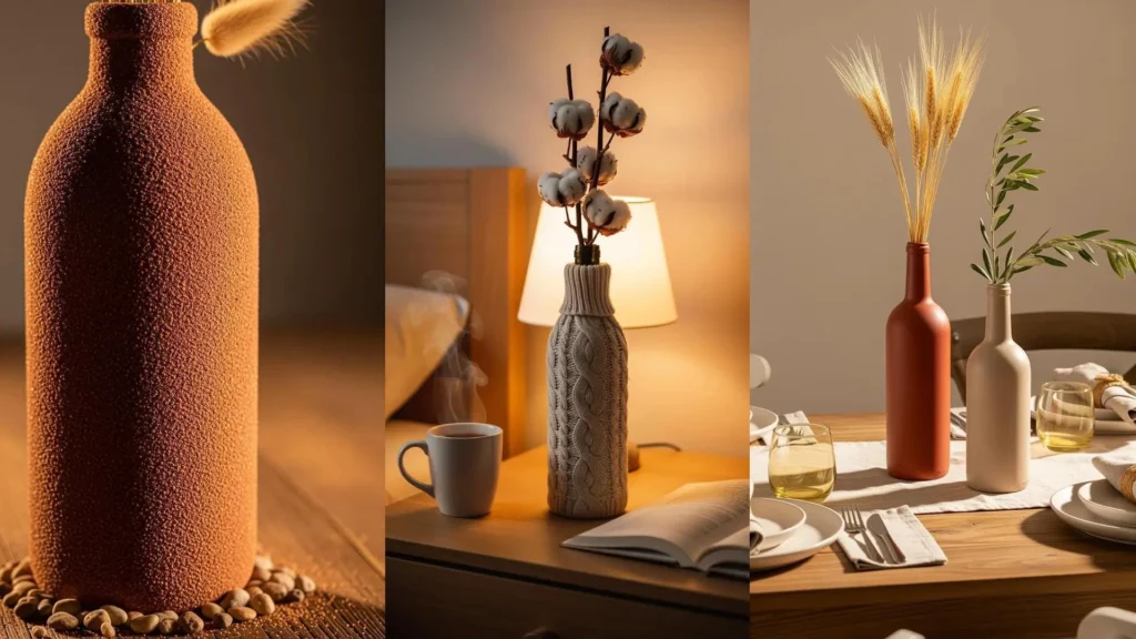 Tre eleganti vasi fai da te ricavati da bottiglie di vino, decorati con fiori secchi, cotone e spighe di grano, in diverse ambientazioni interne.