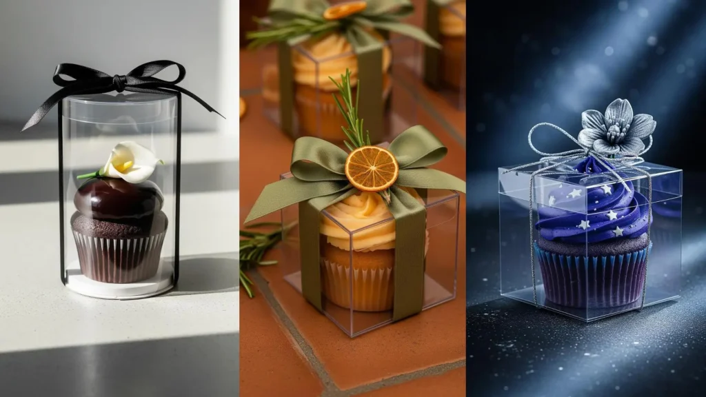 Tre cupcake in scatoline trasparenti con fiocchi, decorazioni floreali e fruttate. Perfetti come favor.