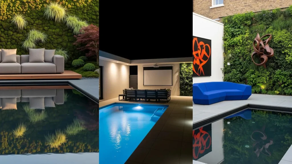 Vari design moderni con piscine rettangolari, divani modulari e lussureggianti pareti verdi verticali per spazi esterni.