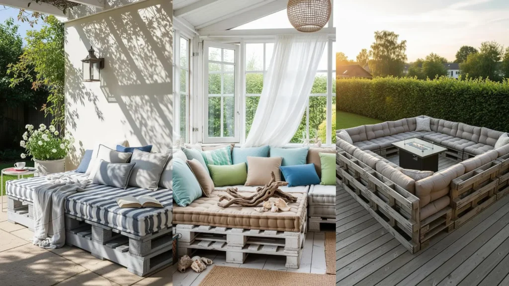 Diverse idee fai da te con pallet: letti bassi, divani accoglienti e un tavolo da esterno con braciere per il relax.