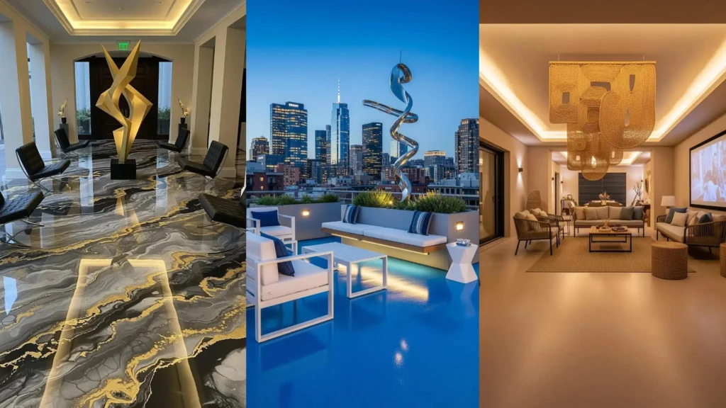 Portici moderni con sculture astratte, illuminazione integrata e pavimenti in resina colorata blu e nera.