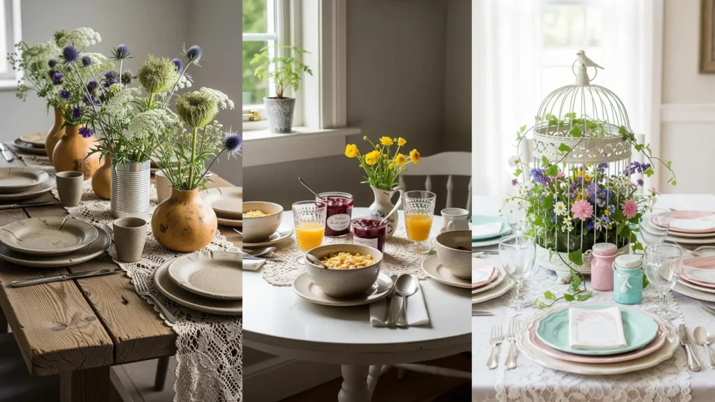 Tavole shabby chic primaverili adornate con pizzi delicati, piatti rustici e vivaci fiori di campo.