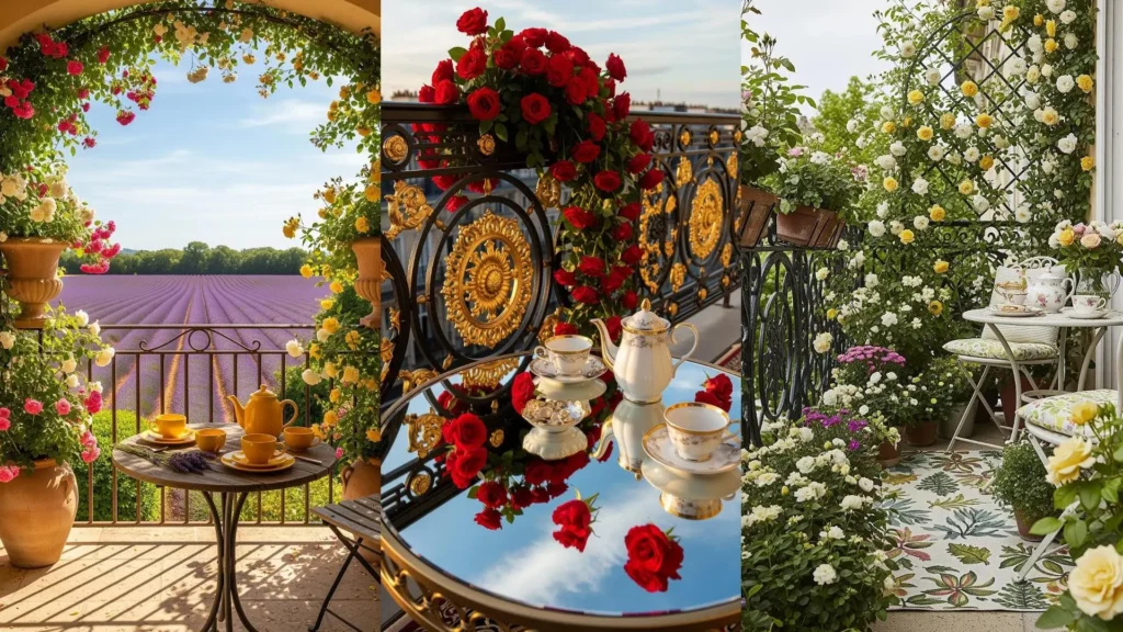 Immagine di balconi classici con rose rampicanti, ferro battuto decorato e tavolini da tè apparecchiati, per momenti di charme.