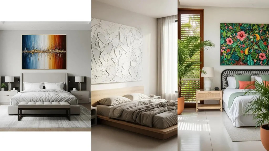 Collage di camere da letto in stili diversi con quadri astratti che diventano il punto focale dell'arredamento.