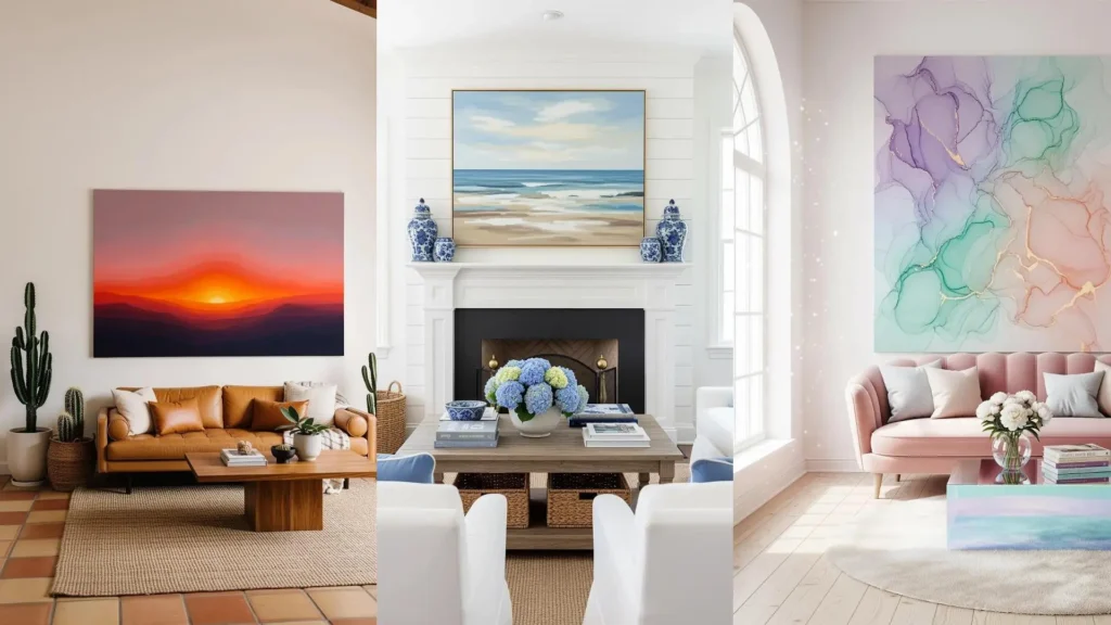 Interni di soggiorno eleganti con grandi quadri astratti che dominano la scena: un tramonto, un paesaggio marino e un'opera fluida colorata.
