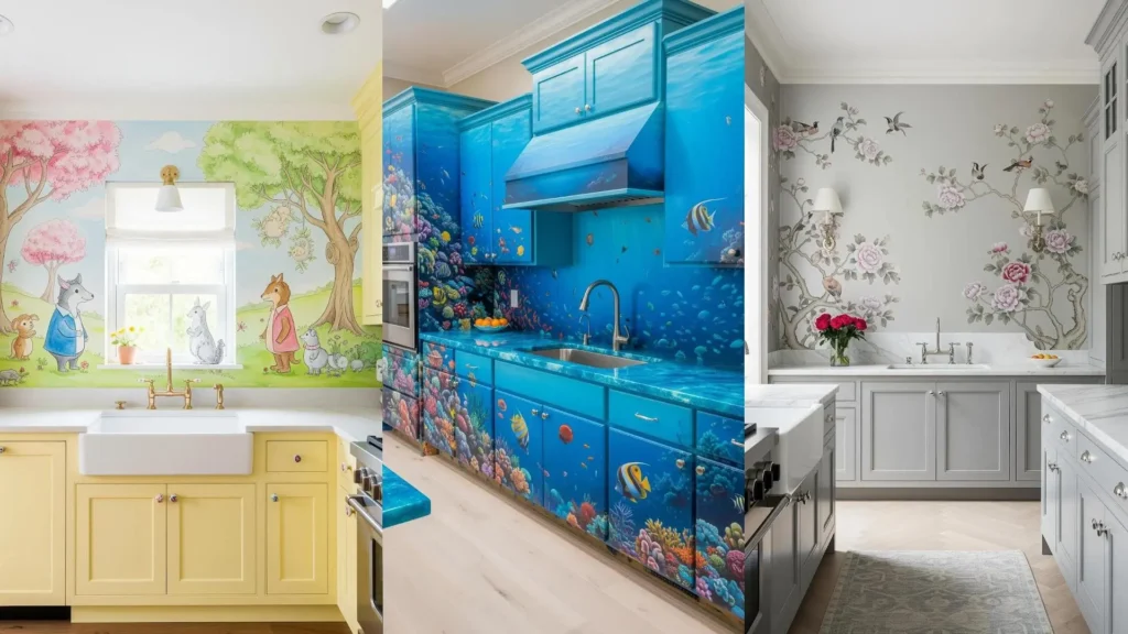 Cucine artistiche con murales dipinti a mano e piastrelle scenografiche che mostrano un bosco, un fondale marino e fiori.