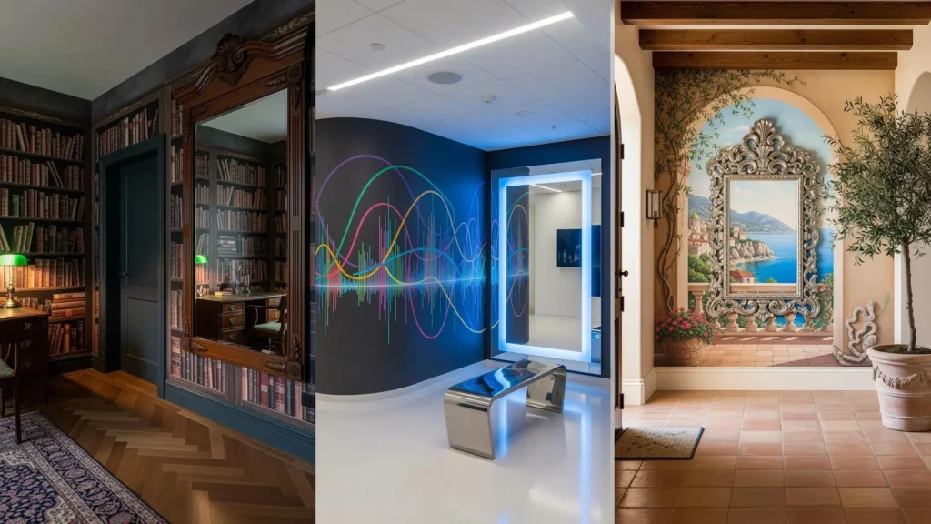 Ingressi artistici con murales dipinti a mano, che includono un paesaggio marino, e specchi scenografici in diversi stili.