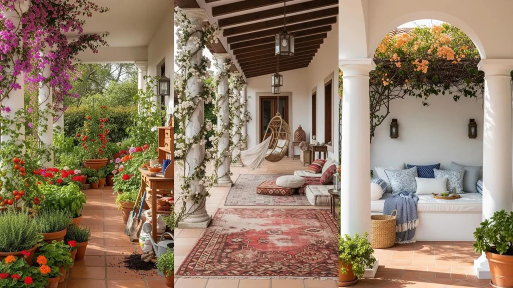 Affascinanti portici mediterranei con colonne bianche, bouganville colorata e pavimenti in cotto per un'accoglienza solare.