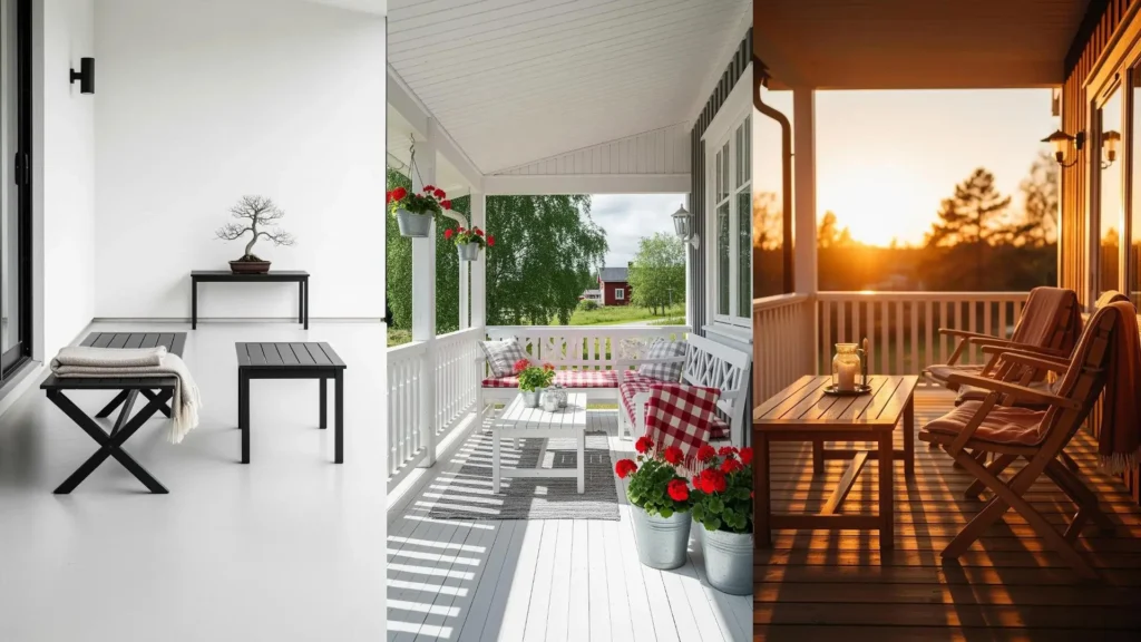 Portici scandinavi pratici con arredi pieghevoli, plaid accoglienti e tavolini bassi per piacevoli momenti conviviali.