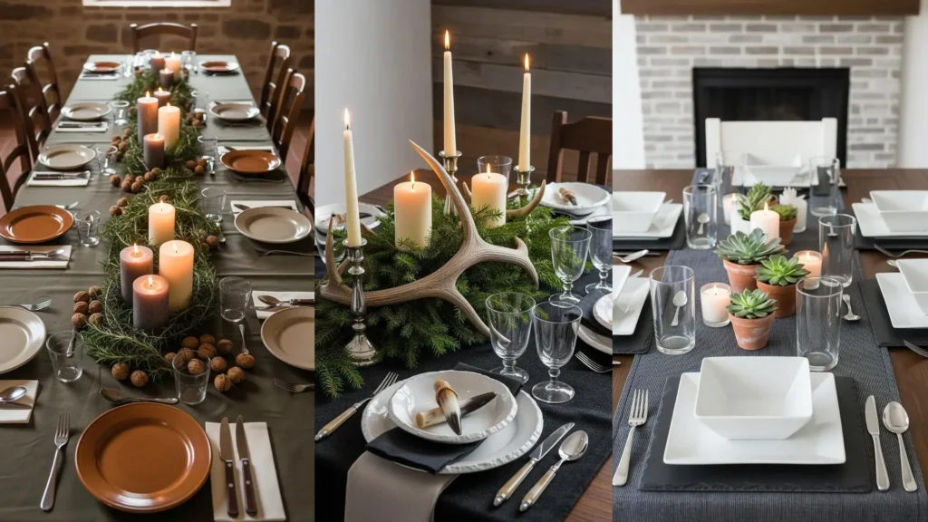 Tre tavole accoglienti per cene invernali con tovaglie scure, piatti rustici e candele profumate, perfette per le feste.