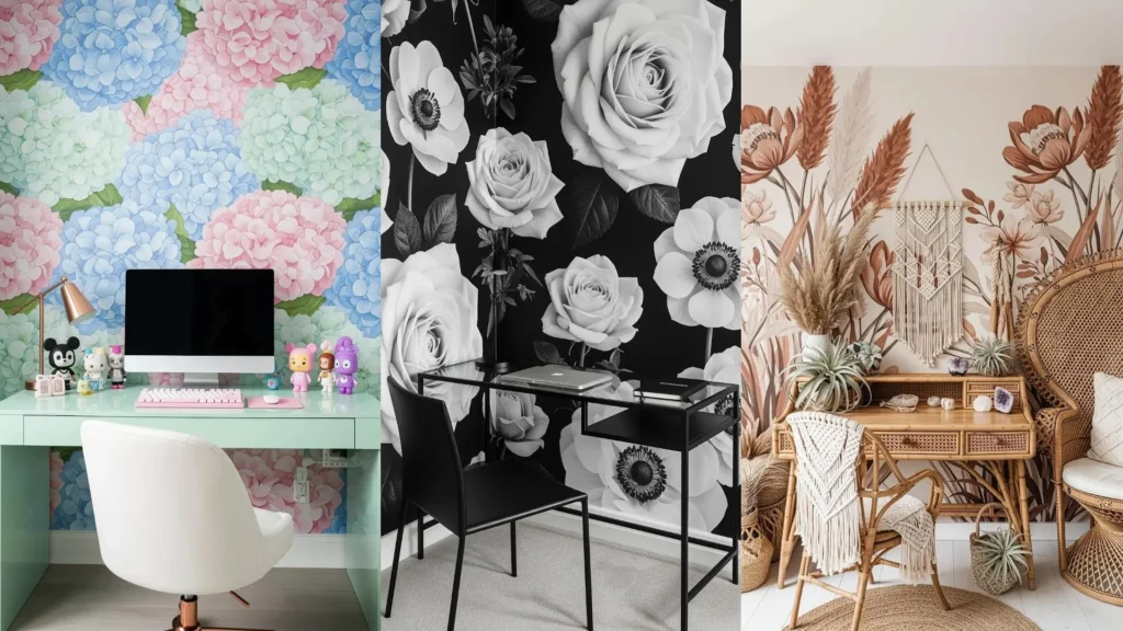Diversi angoli creativi con scrivanie coordinate e carta da parati oversize fiorita. Ispirazione per spazi di lavoro colorati.