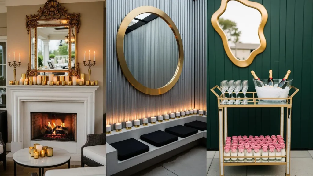 Atmosfere glamour da esterno con specchi decorativi, tocchi dorati e candele profumate che creano un ambiente elegante.