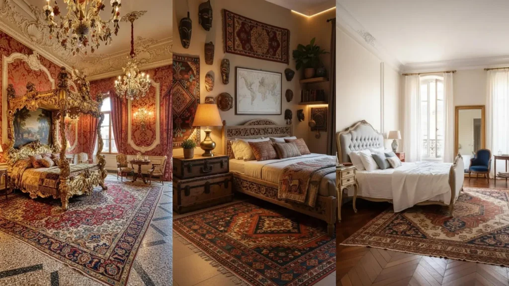 Esempi di camere da letto eleganti arredate con preziosi tappeti persiani e mobili d'epoca per un'atmosfera unica.