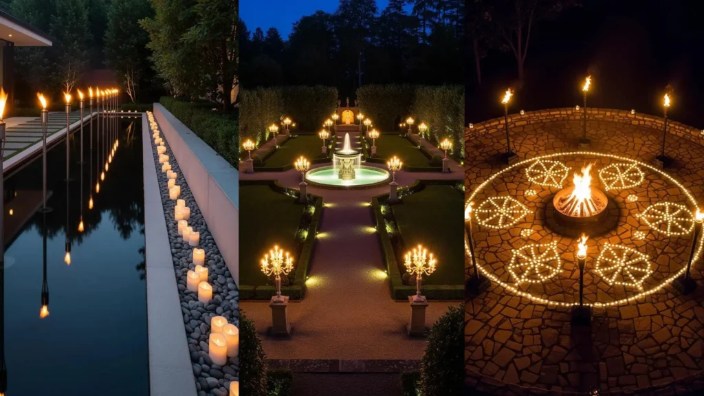 Tre giardini notturni mozzafiato con torce ardenti, candele e luci soffuse che illuminano sentieri, fontane e alberi.