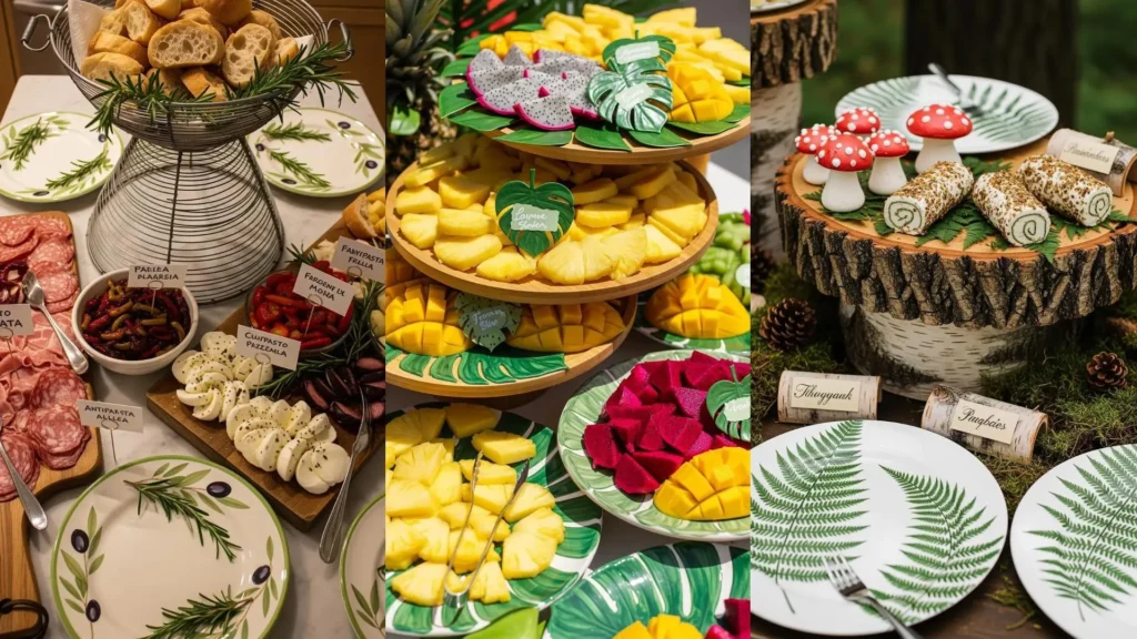 Buffet di idee creative con etichette scritte a mano, piatti decorati e alzate originali per antipasti e frutta.