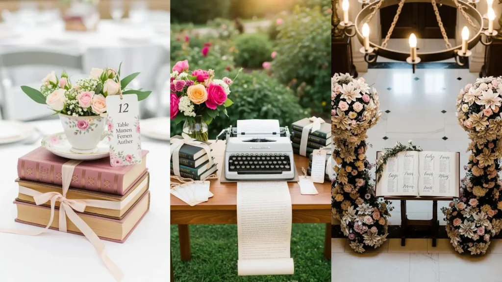 Scena di nozze a tema libri con pile di romanzi antichi, segnalibri personalizzati e una macchina da scrivere vintage.