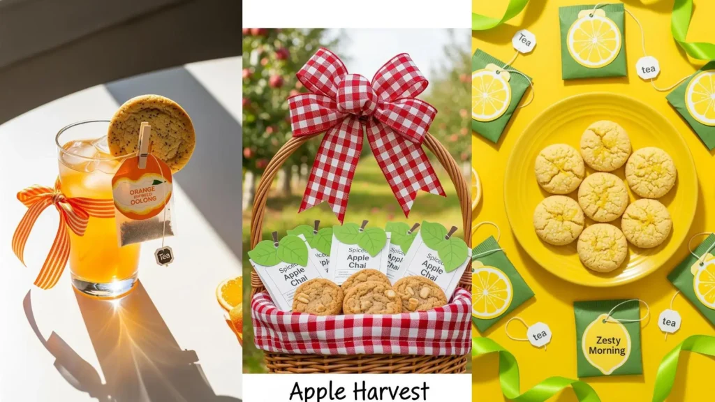 Una scena di sorprese artigianali con bustine di tè personalizzate, biscotti fatti in casa e fiocchi colorati vivaci.