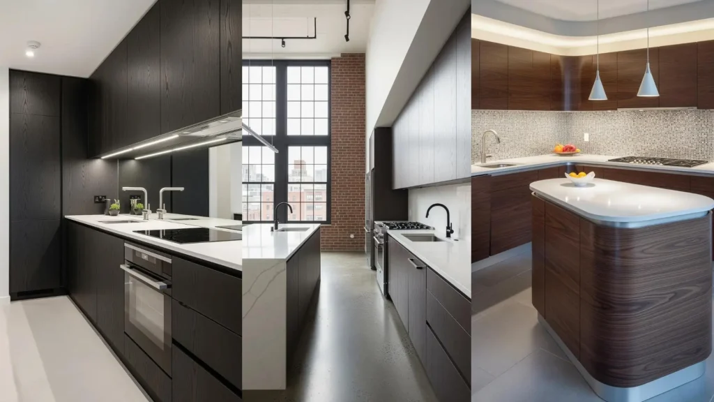 Cucina chic con mobili in legno scuro e top in quarzo bianco. Design elegante e moderno.