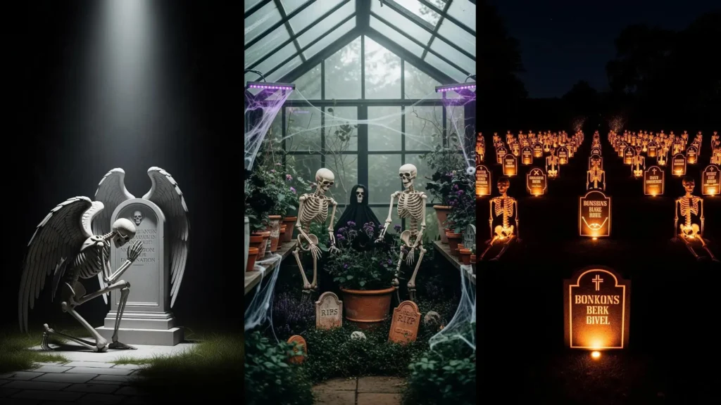 Giardini di Halloween con scheletri, lapidi illuminate e luci soffuse che creano un'atmosfera spettrale.