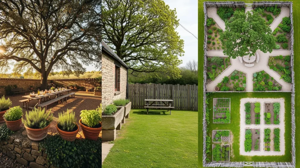 Scena di giardino rustico con tavoli da picnic sotto querce, orti aromatici in vaso e recinzioni di legno grezzo.