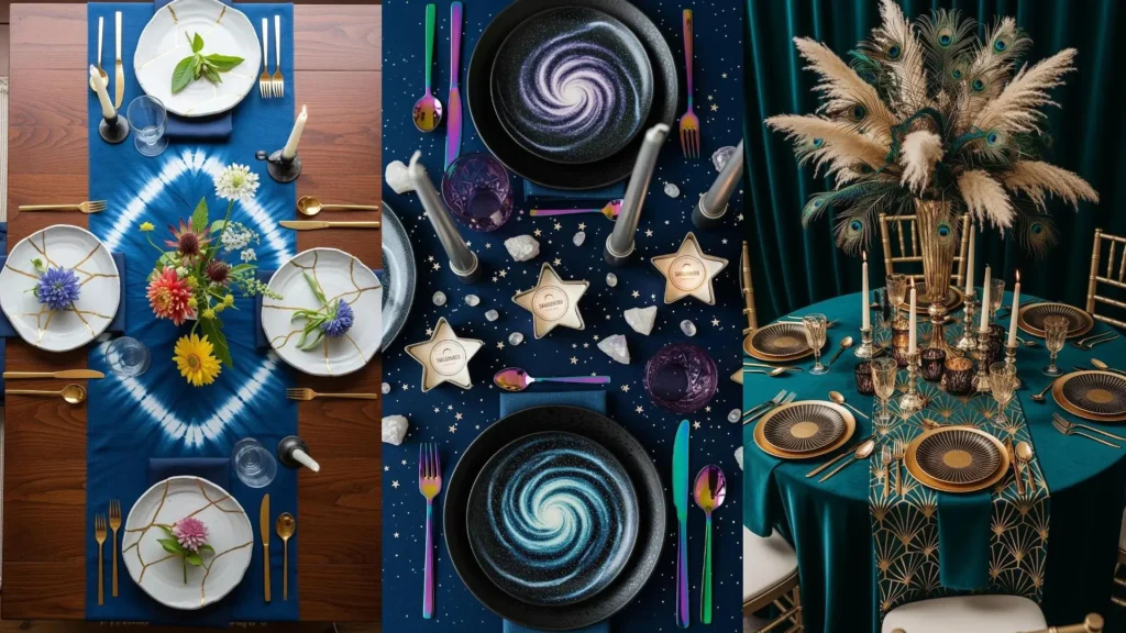 Tavole boho con tessuti etnici, piatti decorati e candele profumate. Idee creative per allestimenti unici.