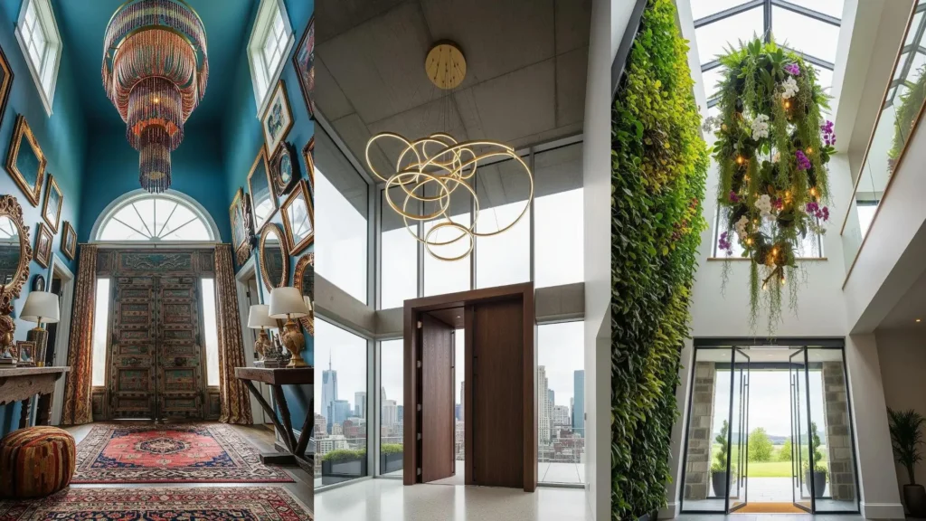 Spettacolari ingressi con soffitti alti, lampadari scenografici e portoni imponenti in legno e vetro, che creano ambienti unici.