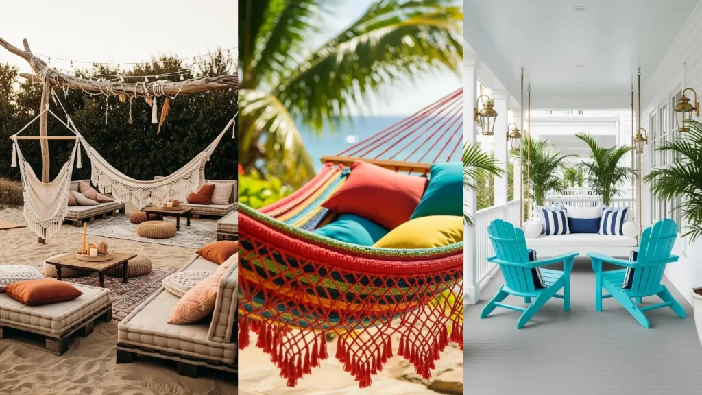 Patii tropicali con amache colorate, palme rigogliose e sedute accoglienti per una vacanza rilassante e un cocktail bar DIY.