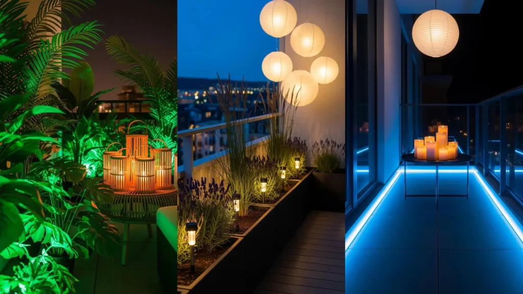 Tre balconi intimi illuminati con lanterne di carta, candele e luci LED per un'atmosfera creativa e accogliente.