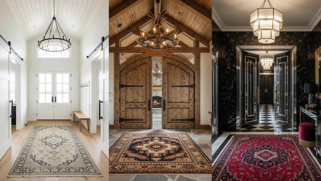 Tre atri scenografici con porte a doppio battente, tappeti persiani e lampadari imponenti, design d'interni lussuosi.