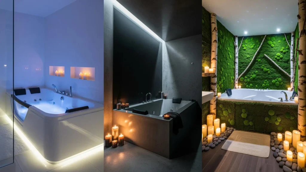 Tre bagni lussuosi con vasca idromassaggio, candele accese e luci soffuse per un relax totale.