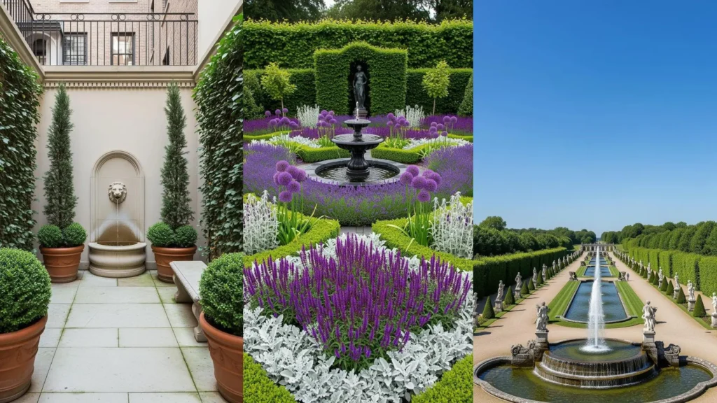 Tre giardini classici con fontane scenografiche, statue e siepi scolpite per un'eleganza senza tempo.