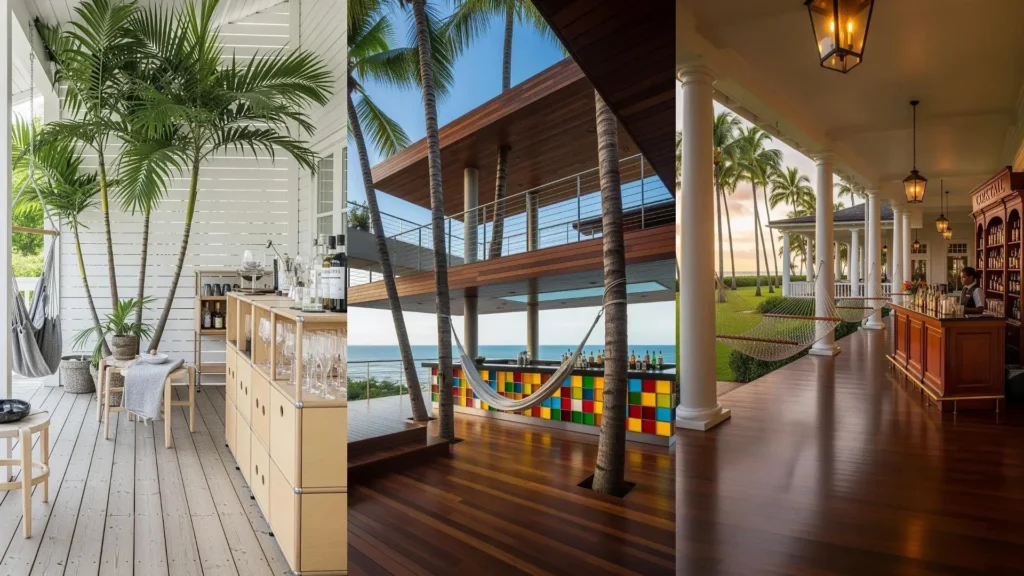 Portici tropicali con palme giganti, amache sospese e un colorato cocktail bar sul mare, perfetti per il relax.